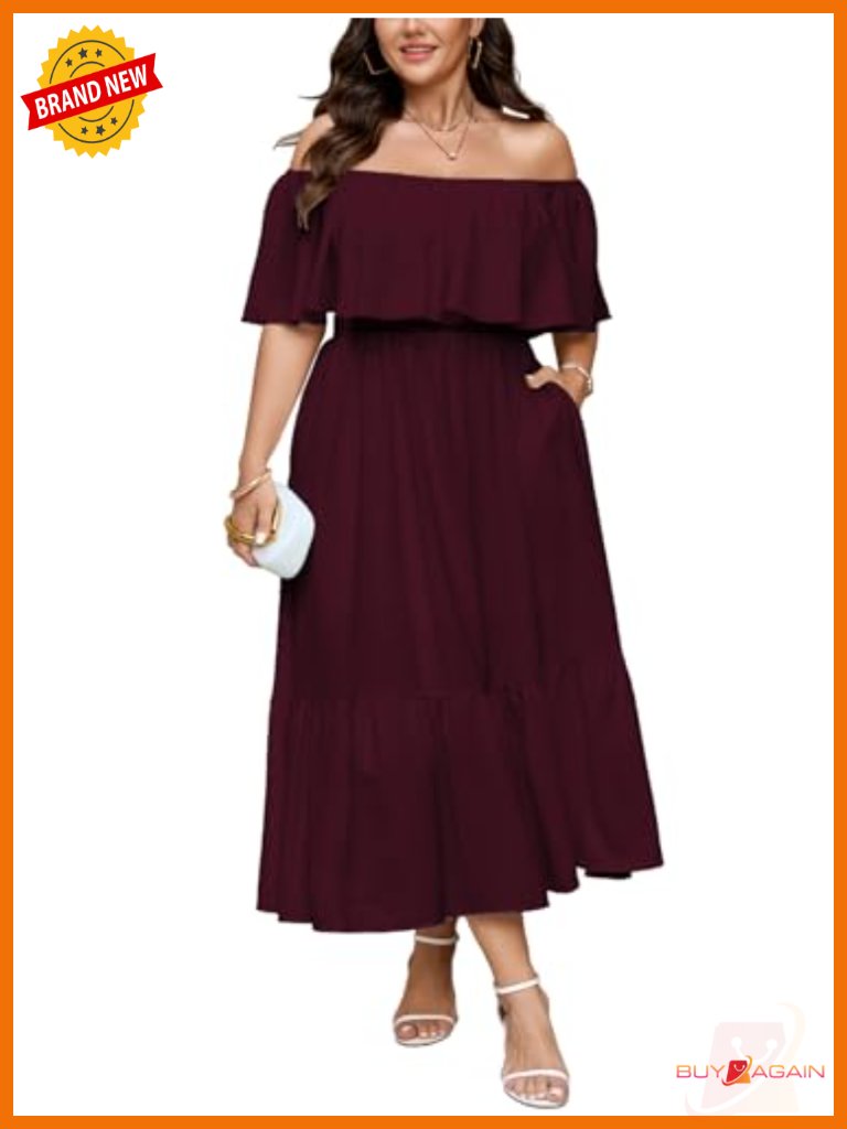 Off The Shoulder Smocked Waist Ruffle Slit Maxi Dress Plus Size With Pockets